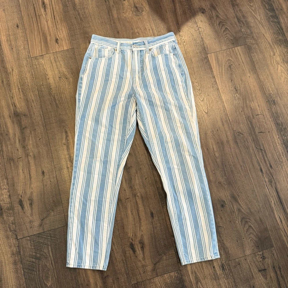 American Eagle Women Striped High Waisted Mom Jeans Light Blue White Size 6
